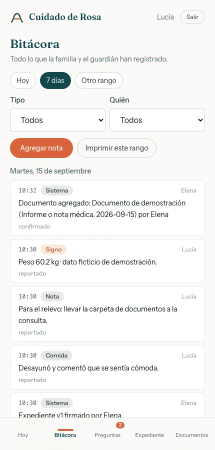 Pantalla de Bitácora. Todos los datos son ficticios. Toca la captura para ampliarla.