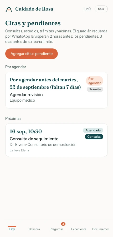 Pantalla de Citas y pendientes. Todos los datos son ficticios. Toca la captura para ampliarla.