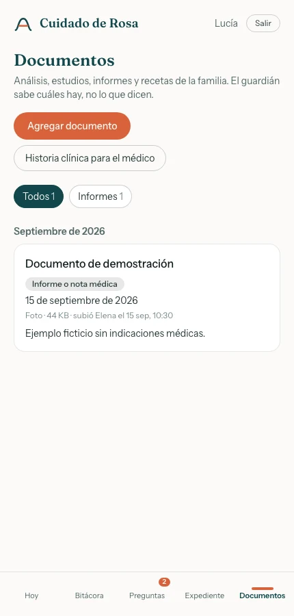 Pantalla de Documentos. Todos los datos son ficticios. Toca la captura para ampliarla.