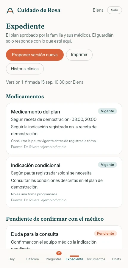 Pantalla de Expediente. Todos los datos son ficticios. Toca la captura para ampliarla.