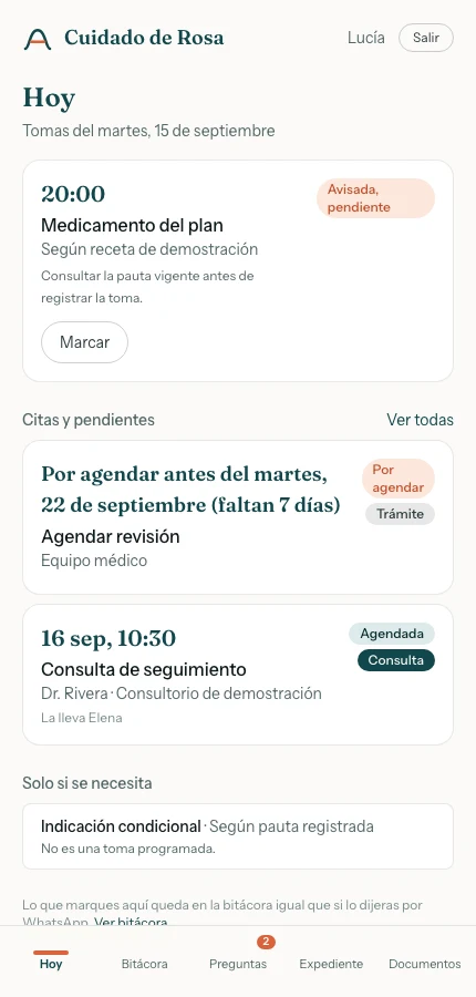 Pantalla de Hoy y medicamentos. Todos los datos son ficticios. Toca la captura para ampliarla.
